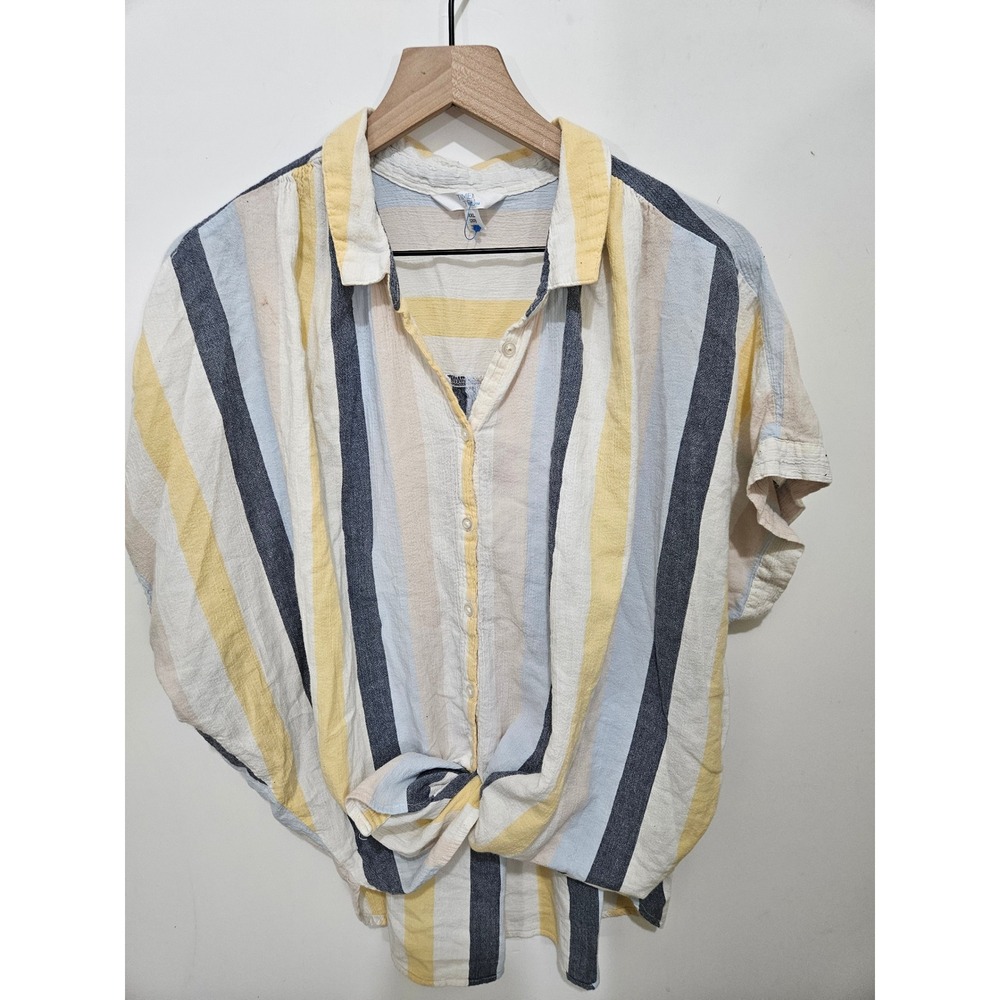 Time and Tru Womens XXL Striped Cotton Button Down Short Sleeve Tie Front Top